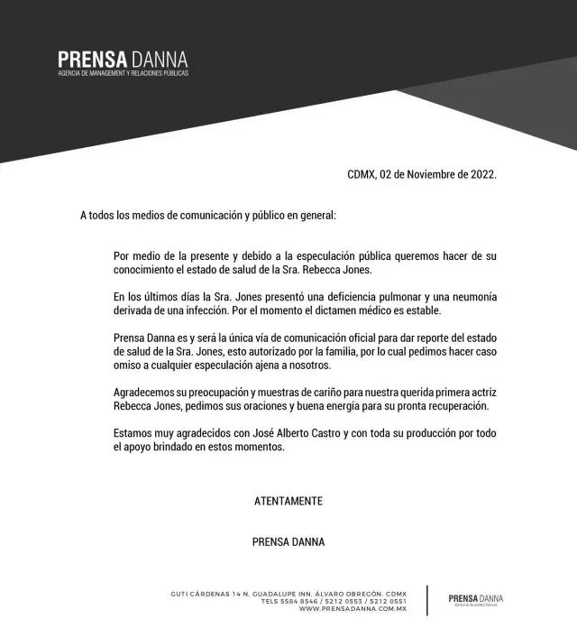 Salud de Rebecca Jones comunicado