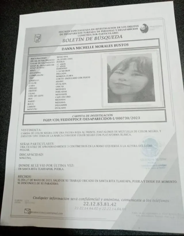 Solicitamos su apoyo para la búsqueda y localización de la adolescente DANNA MICHELLE MORALES BUSTOS, de 17 años de edad.