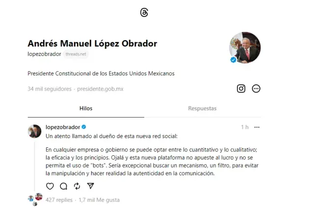 AMLO estrena cuenta en la nueva red social Threads