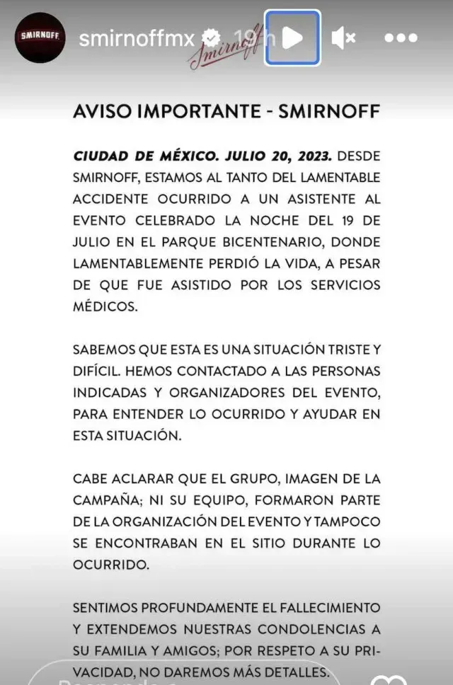 Comunicado de Smirnoff sobre la muerte de Alberto Clavijo