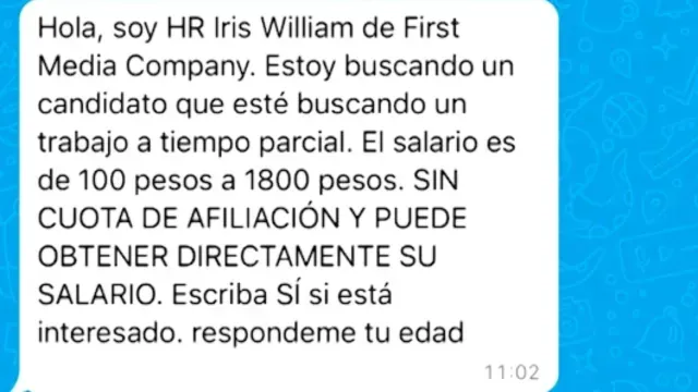 tipo de mensaje de whatsapp que frecuentemente mandan para robar informacion
