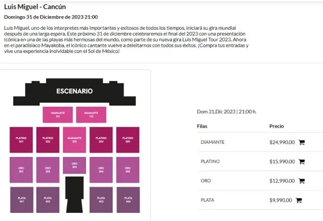 Precios para concierto de Luis Miguel en Riviera Maya
