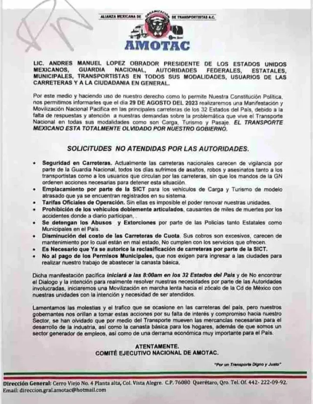 Demandas de transportistas de la AMOTAC por el paro nacional de agosto 2023
