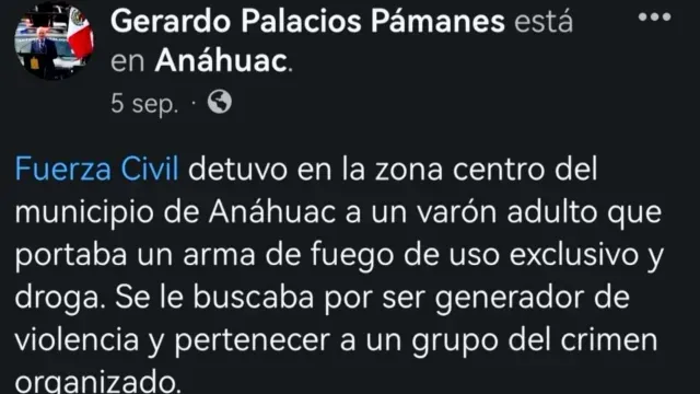 Policía de Anáhuac informó la detención en sus redes sociales.