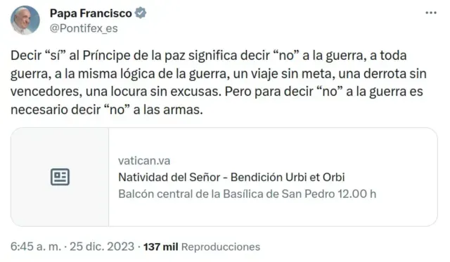 Mensaje navideño del papa Francisco en redes sociales