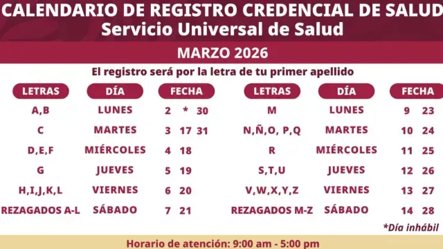 Calendario de registro de credencial de salud de marzo. Foto: Secretaría del Bienestar
