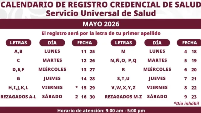 Calendario de registro de credencial de salud de mayo. Foto: Secretaría del Bienestar