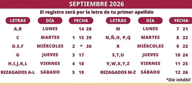 Calendario de registro de credencial de salud de septiembre. Foto: Secretaría del Bienestar