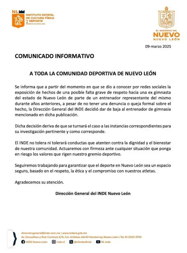 Comunicado de INDE sobre entrenador acusado por abuso sexual