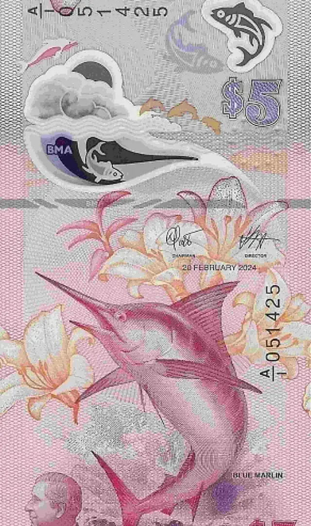 Anverso del billete de 5 dólares de Bermudas