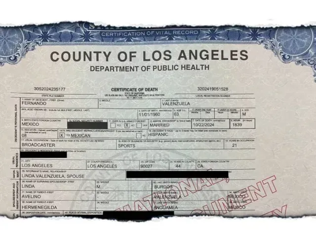 Certificado de defunción de Fernando Valenzuela. Foto TMZ