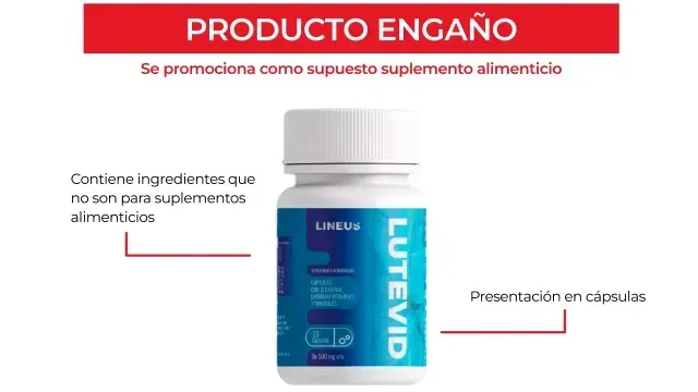 comercialización del producto engaño Lutevid en cápsulas, el cual es promocionado como suplemento alimenticio para mejorar la visión