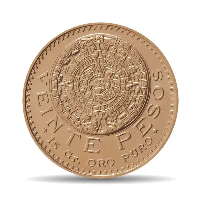 La moneda de 20 pesos de oro cuenta con el calendario azteca en el reverso