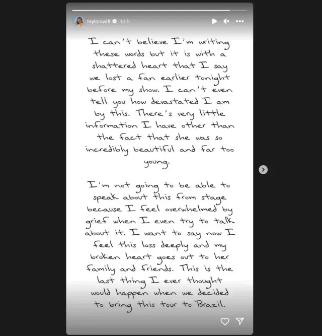 Mensaje de Taylor Swift en Instagram por muerte de fan previo a concierto