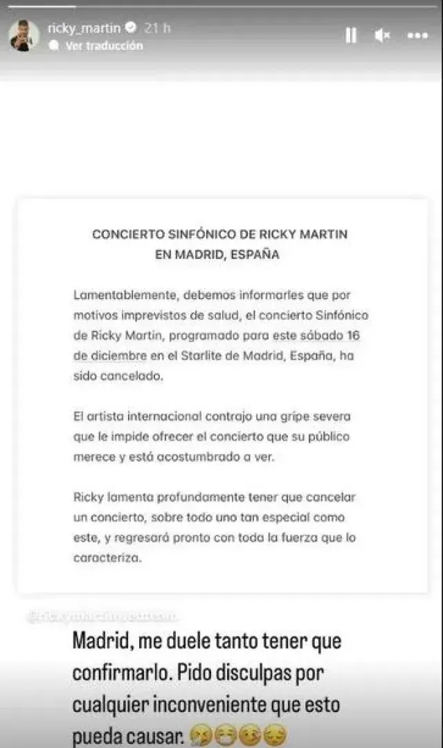 El anuncio de Ricky Martin sobre cancelación de concierto en Madrid