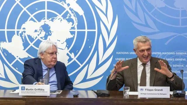 Martin Griffiths jefe de coordinación humanitaria de Naciones Unidas y Filippo Grandi, alto comisionado de la ONU para los refugiados