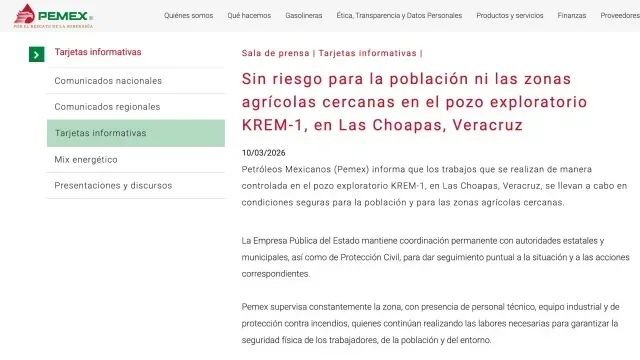 PEMEX asegura que no representa riesgo a la población la situación del pozo KREM-1 en Las Choapas, Veracruz. Foto: PEMEX