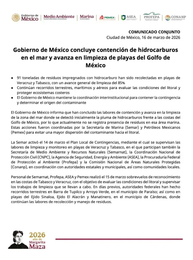 Informan conclusión de contención de hidrocarburo y continua limpieza en playas. Foto: SEMARNAT