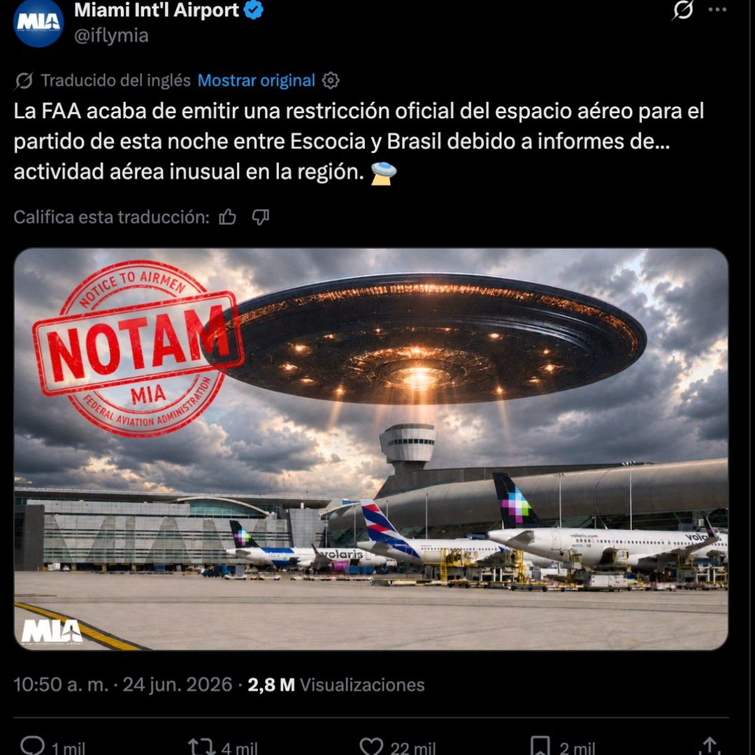 Publicación en X del Aeropuerto de Miami sobre Partido Brasil vs Esccocia