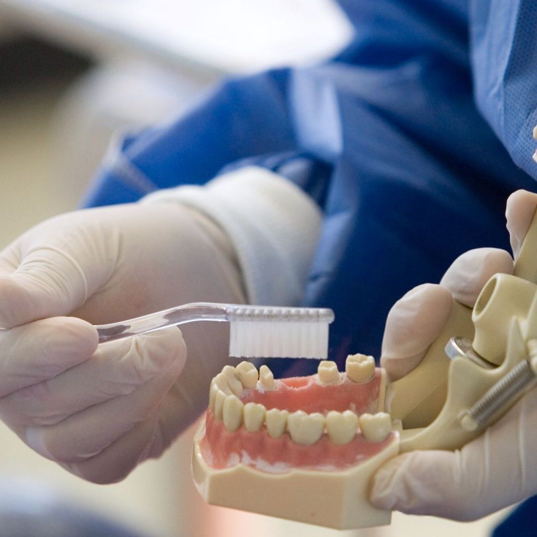 Dentadura con cepillo de dientes: Es bueno para la salud del cerebro el uso de hilo dental.