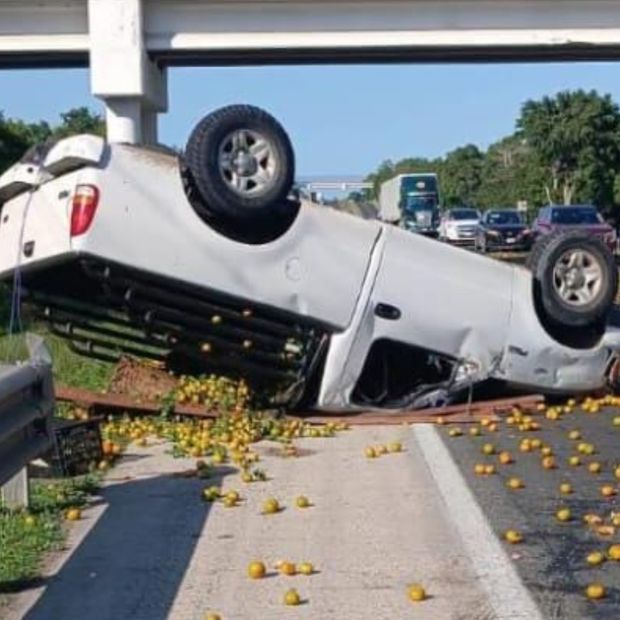 Vuelca Camioneta Cargada con Mandarinas en la Autopista México-Tuxpan