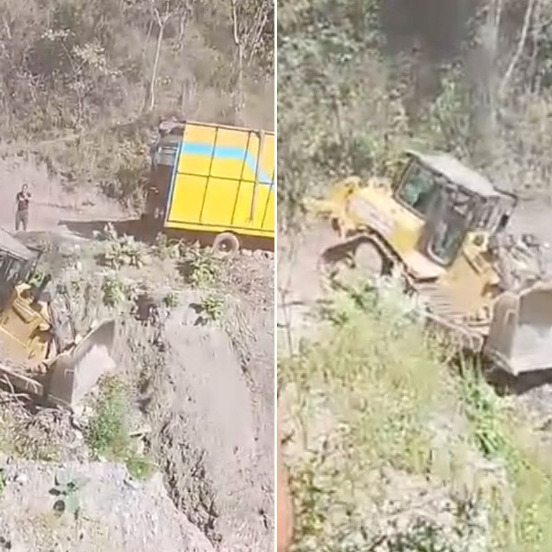 Conductor a bordo de retroexcavadora rescata a tráiler en Puebla