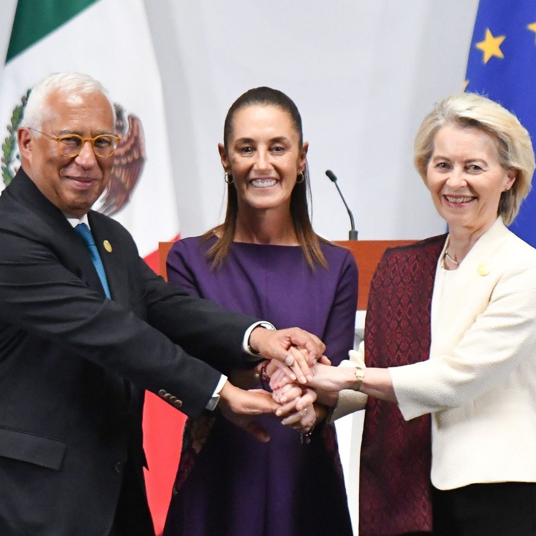 Claudia Sheinbaum durante conferencia con Ursula von del Leyen y António Costa, en Palacio Nacional en mayo 2026. Foto: Cuartoscuro | Archivo