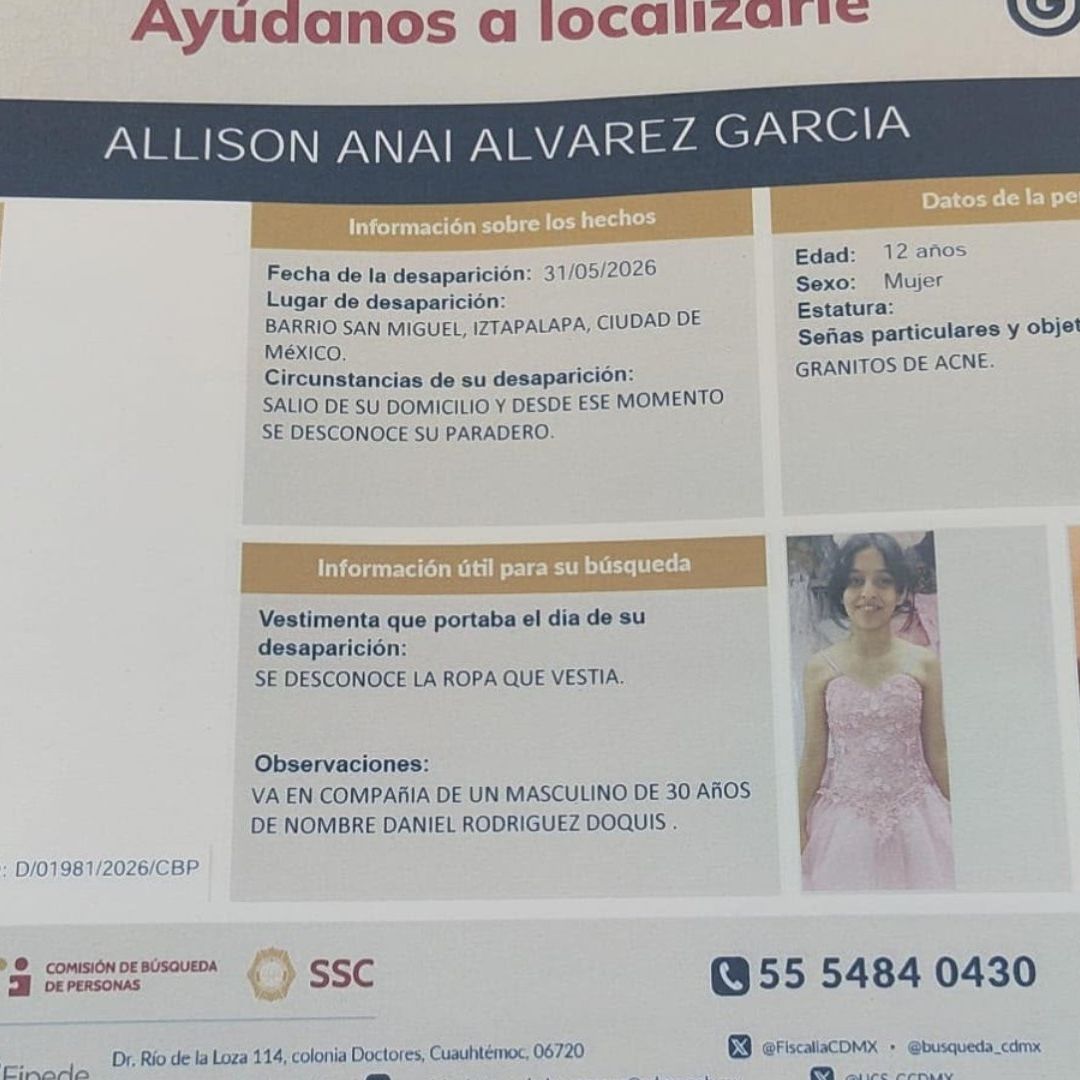 Esta es la ficha de búsqueda de Allison, la menor desaparecida en Iztapalapa