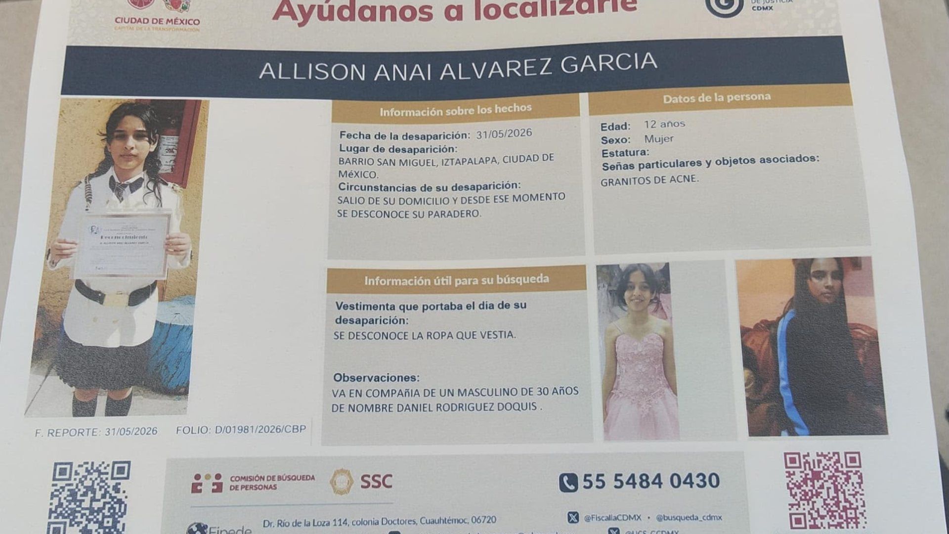 Esta es la ficha de búsqueda de Allison, la menor desaparecida en Iztapalapa