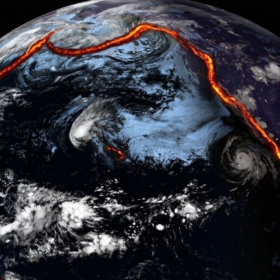 Ilustración del Anillo de Fuego sobre una fotografía satelital del Pacífico