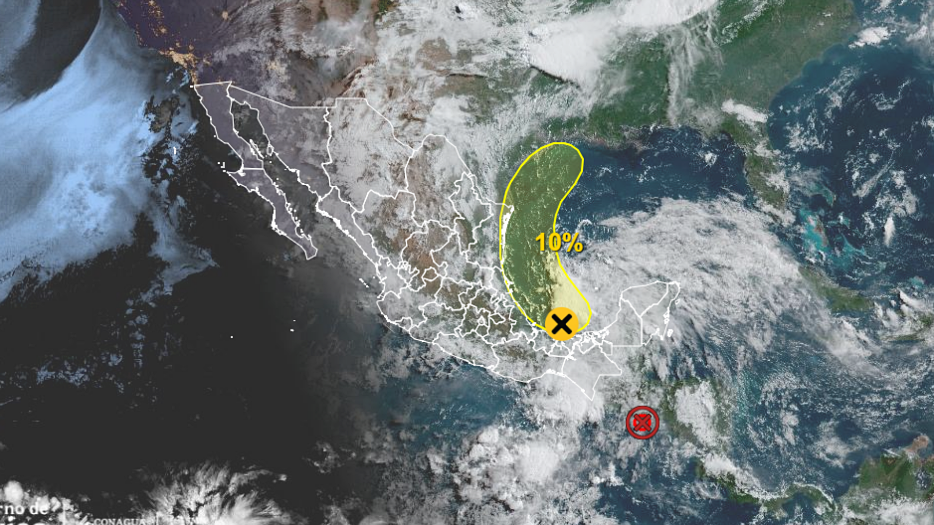 Onda tropical asociada a zona de baja presión al sur de la Sonda de Campeche. Imagen de satélite SMN