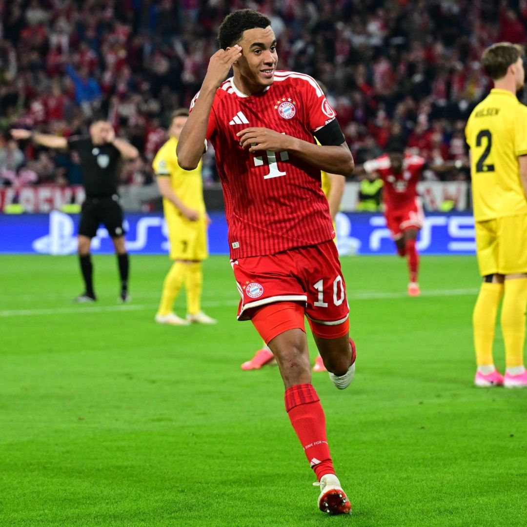 Jamal Musiala festeja el 1-0 del Bayern en el Allianz Arena de Múnich.