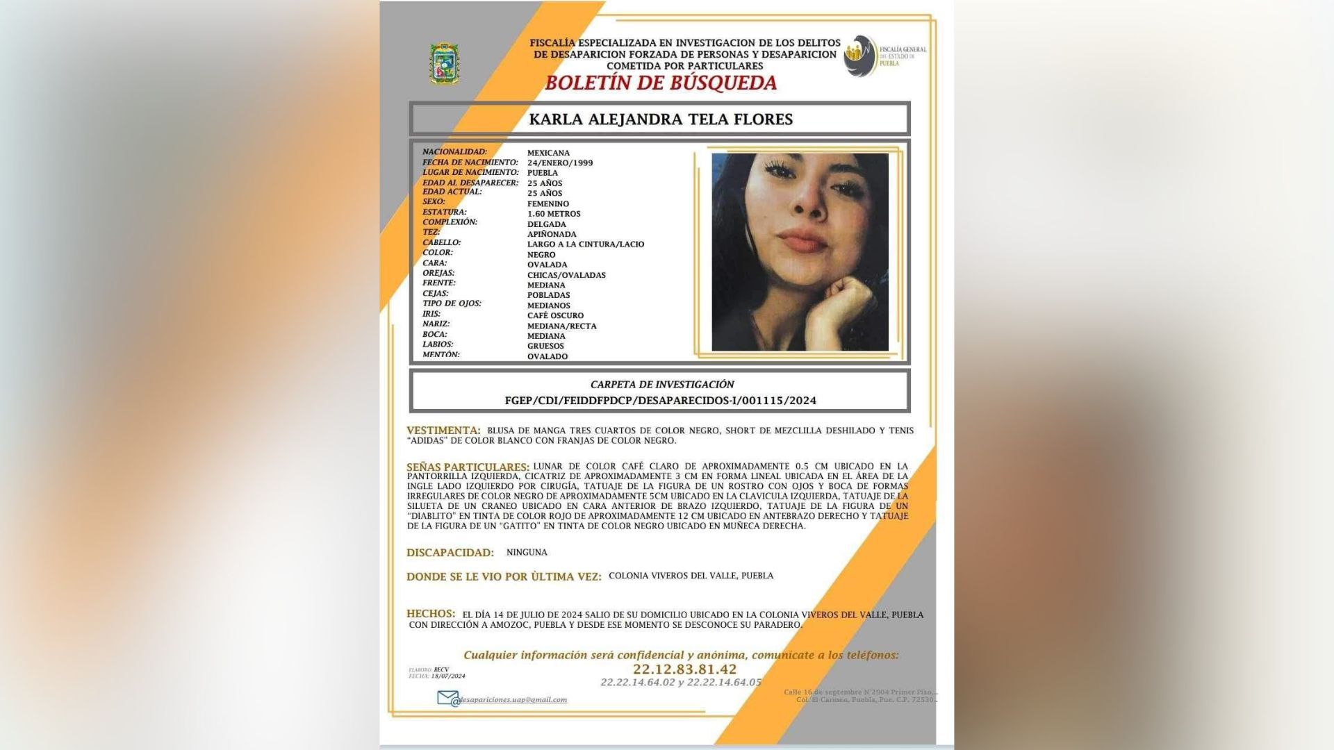 Boletín de búsqueda de Karla Alejandra Tela Flores