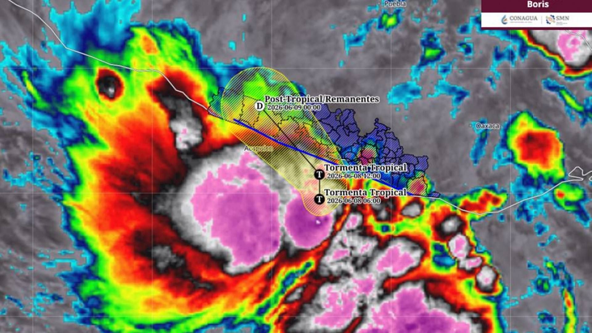 Trayectoria prevista de la tormenta tropical Boris. Imagen de satélite del SMN
