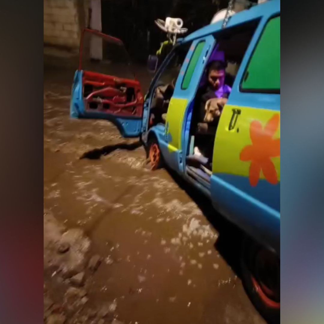 Camioneta Máquina Misterio Perro A Bordo Atascada Inundación Lluvia en Palmar de Bravo Puebla