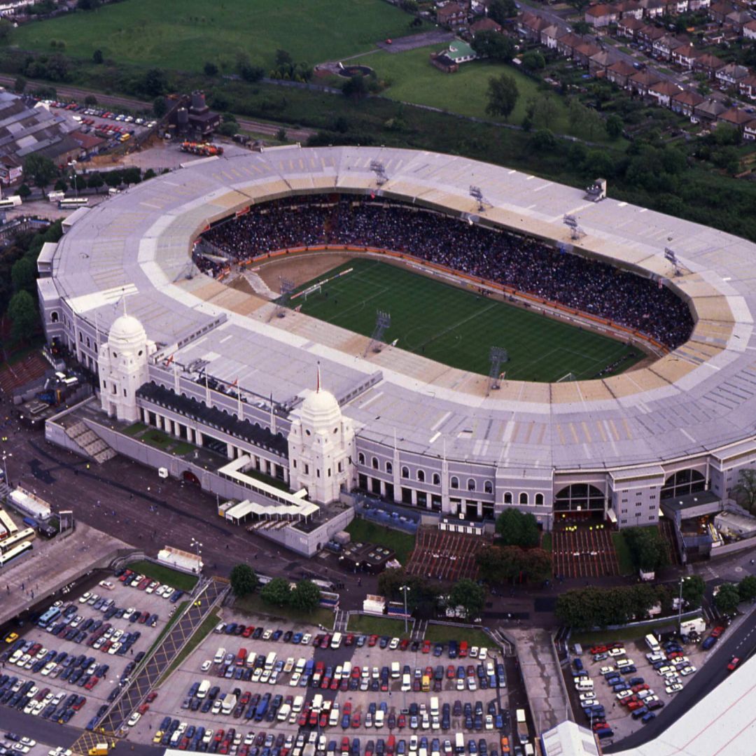 Vista aérea del estadio de Wembley, en Londres, Inglaterra, en diciembre de 1969