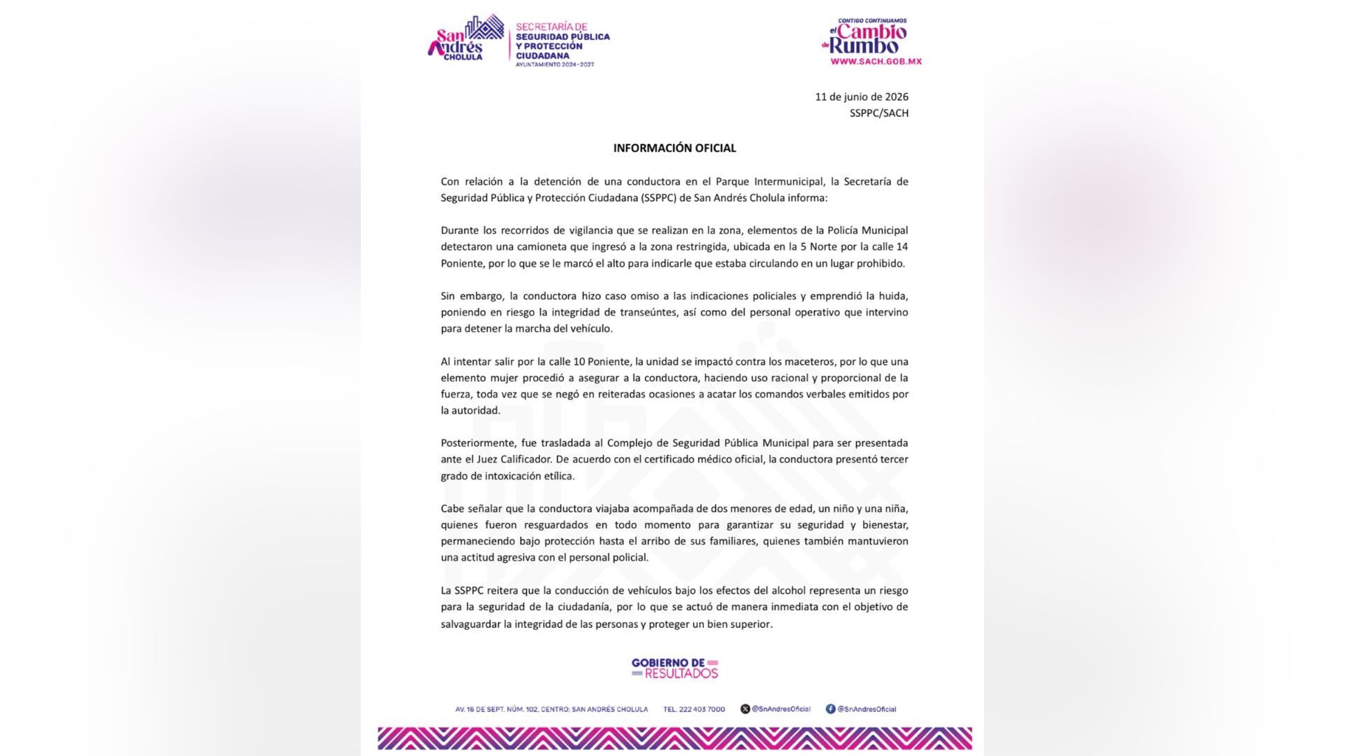Comunicado de la Policía Municipal de San Andrés Cholula