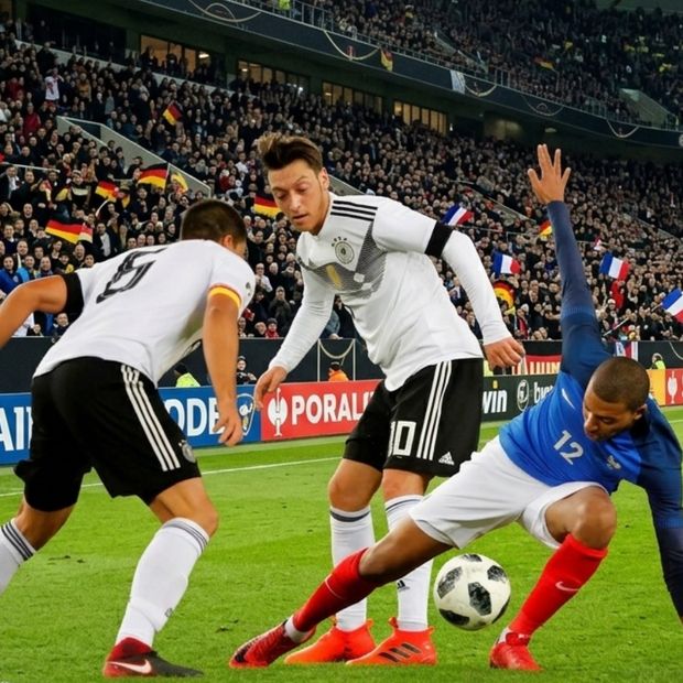 Kylian Mbappe y Mesut Ozil disputan un balón en duelo amistoso entre Alemania y Francia en el 2017.