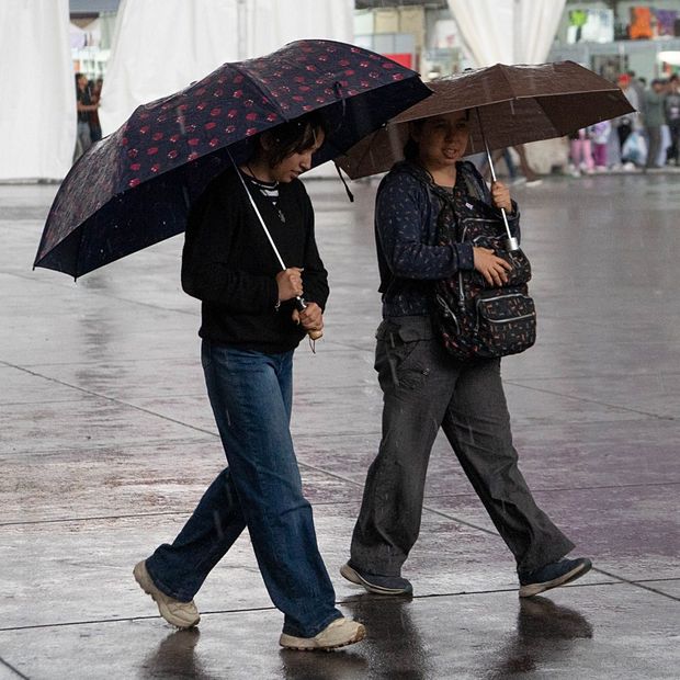 Un par de personas se protege con paraguas de la intensa lluvia en Feria Internacional del Libro en el Zócalo CDMX. Foto: Cuartoscuro