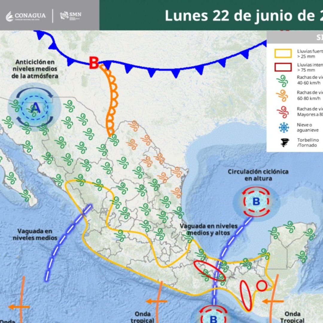 Dónde lloverá este lunes 22 de junio. Mapa: Conagua
