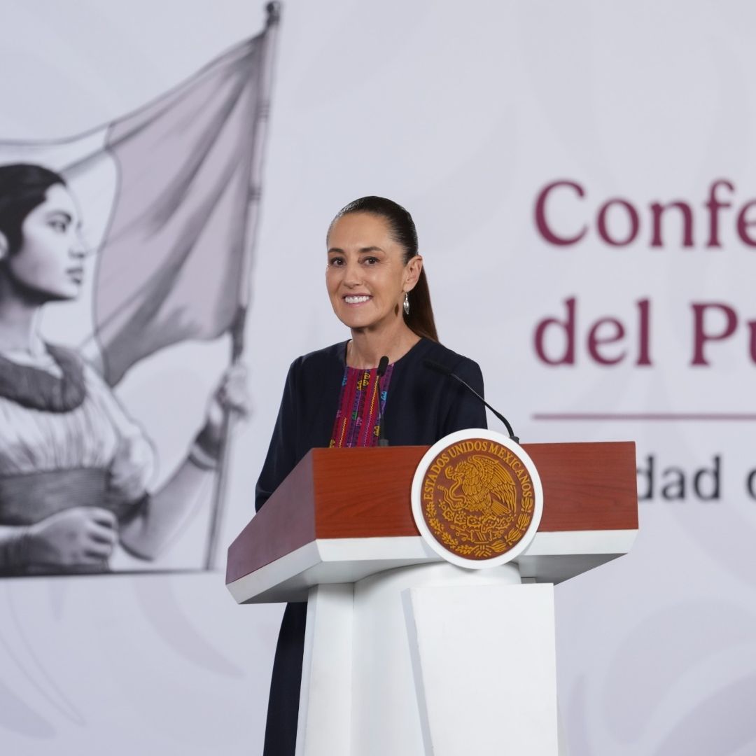 La presidenta Claudia Sheinbaum durante la mañanera de hoy, 10 de julio de 2026.