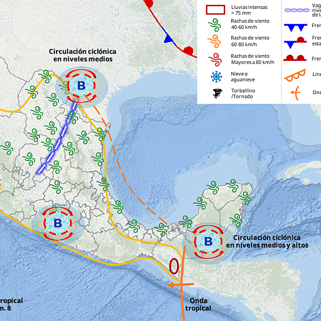 Mapa de previsión del impacto de la onda tropical 9 en México. SMN