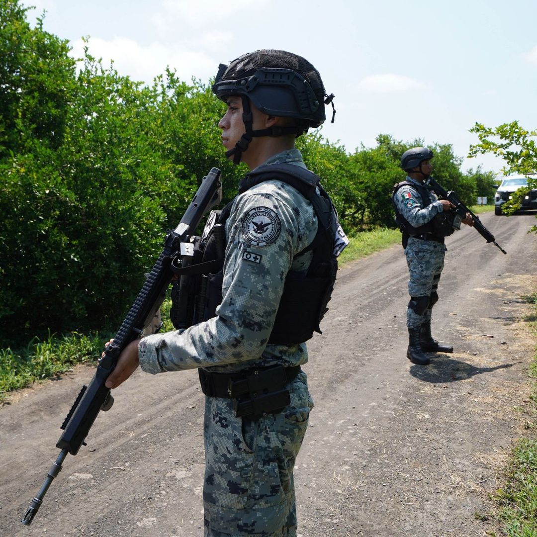 Elementos del Ejército y de la Guardia Nacional vigilan zona de limoneros, en Apatzingán, Michoacán