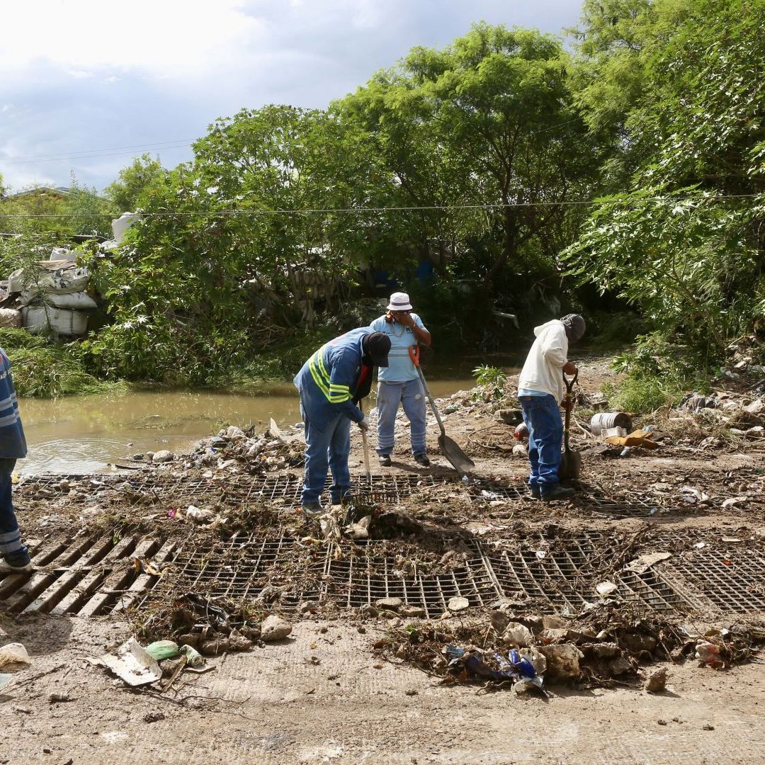 Cuadrillas de limpieza laboran en el retiro de lodo y basura en Monterrey tras varios días de lluvia