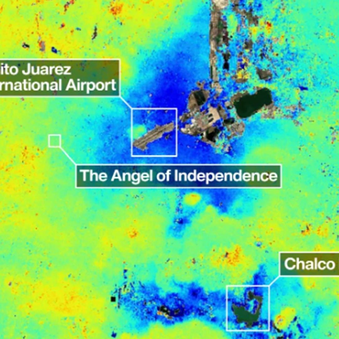 Mapa satelital de las zonas que más se hunden en la CDMX. Foto: NASA