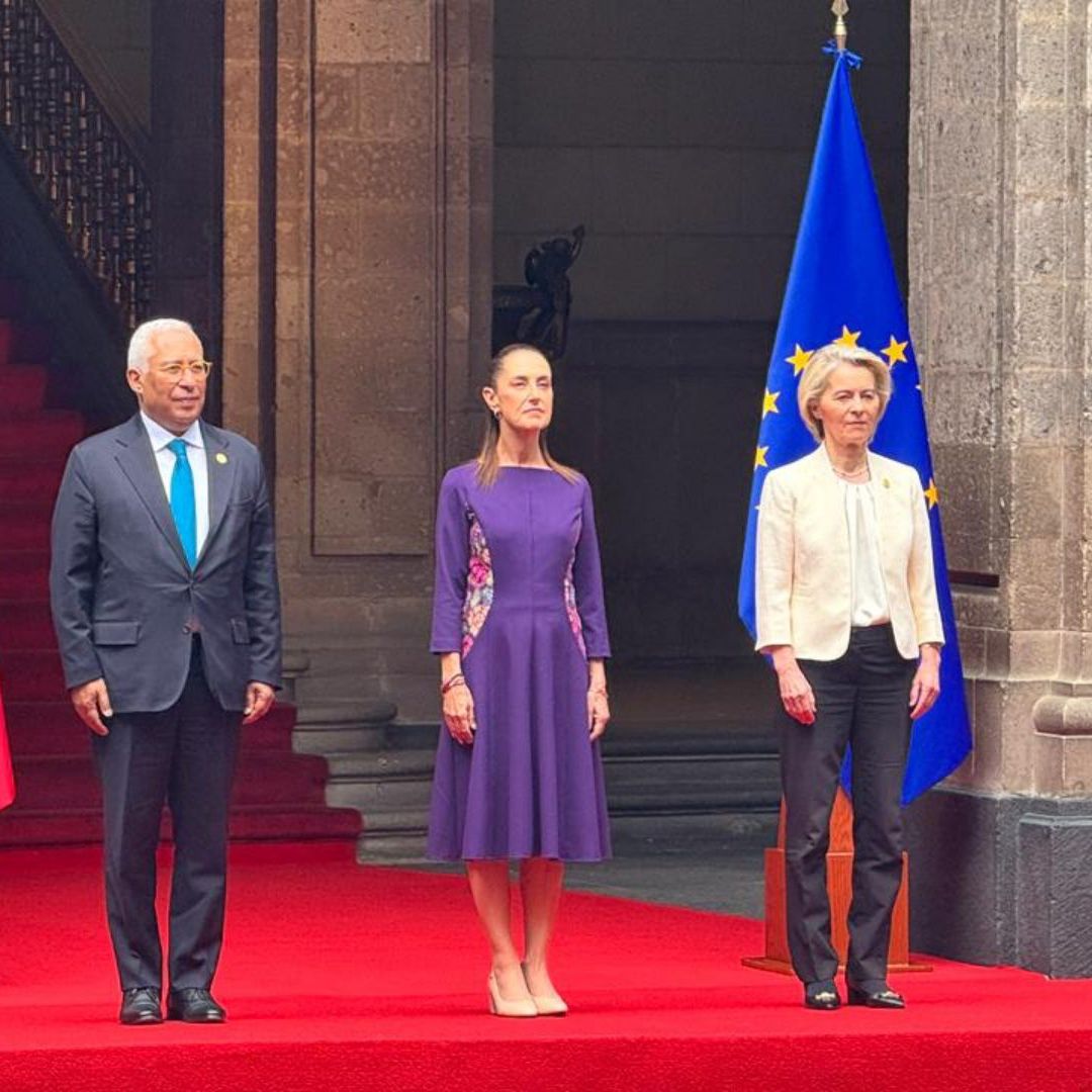 António Costa, Claudia Sheinbaum y Ursula von der Leyen, en Palacio Nacional