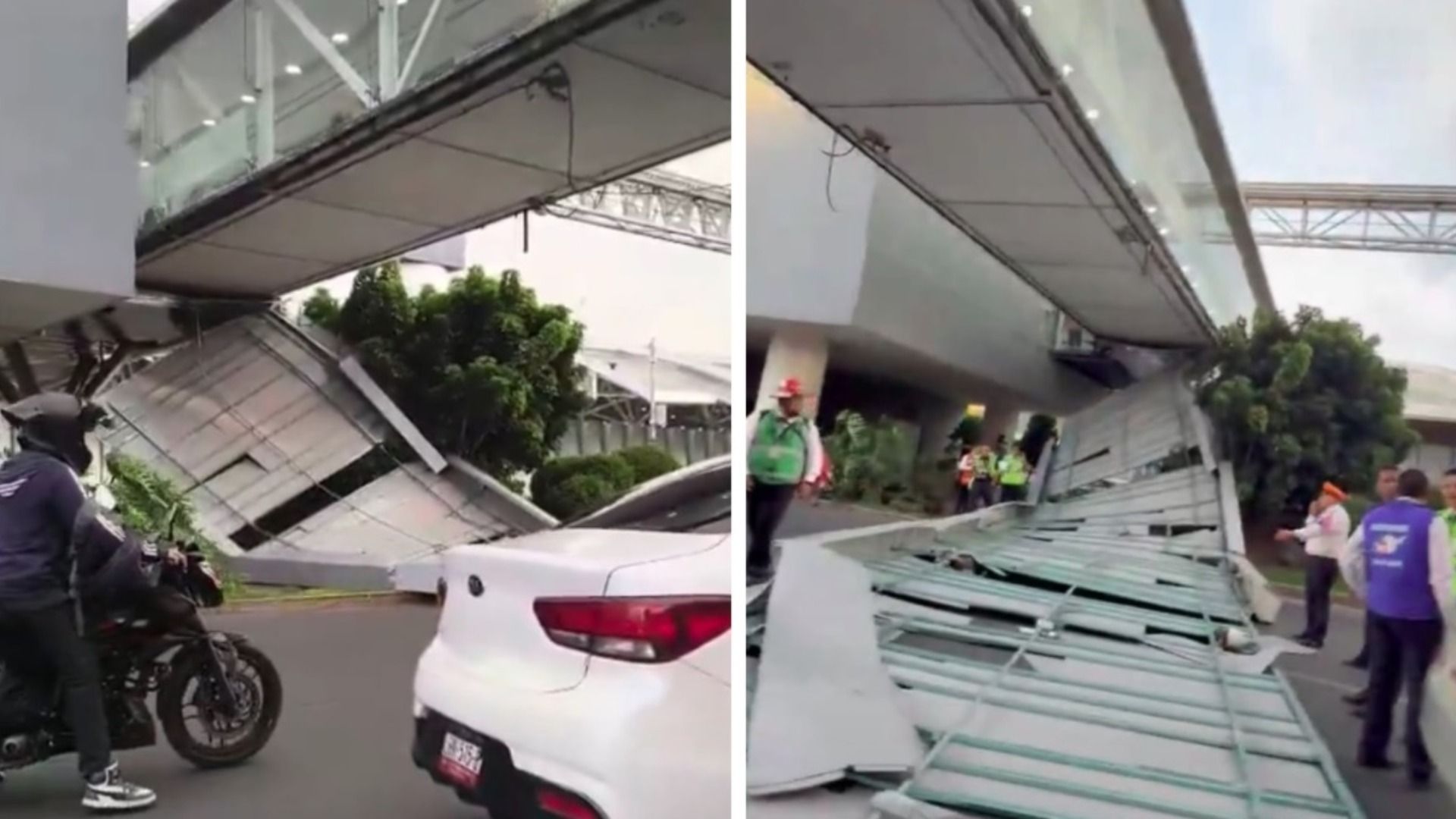 Así se ve la caída de techumbre de puente peatonal de terminal 1 del AICM