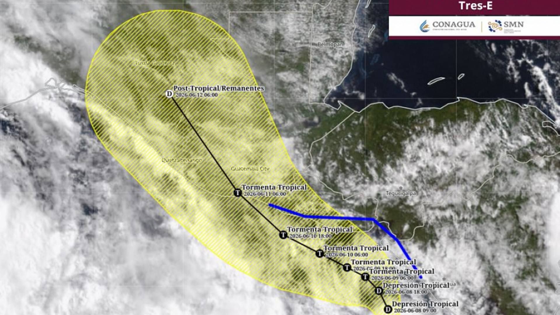 Trayectoria prevista de la depresión tropical Tres-E. Imagen de satélite del SMN