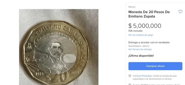 Moneda de 20 pesos ofertada en 5 millones de pesos en Mercado Libre